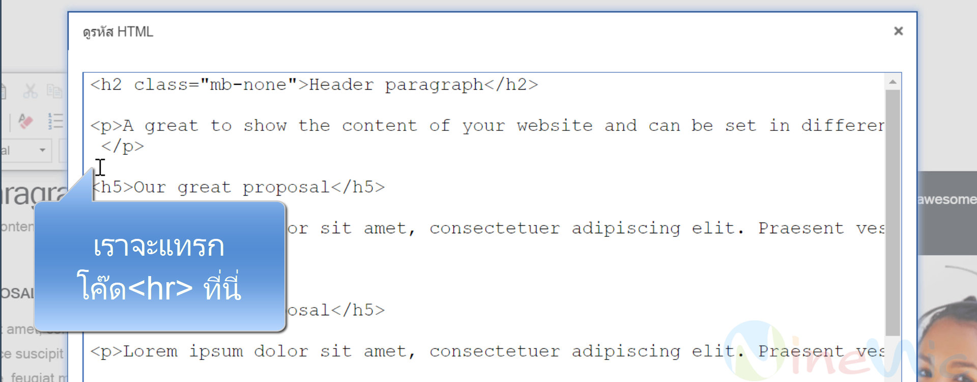 คู่มือเว็บไซต์สำเร็จรูป ninenic - webeditor การใส่เส้นคั่นบบรทัด โดยใช้ hrml code
