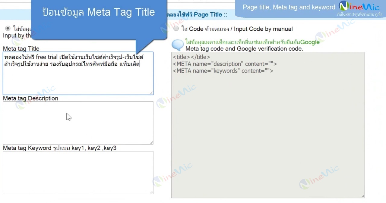 คู่มือเว็บไซต์สำเร็จรูป ninenic - meta tag